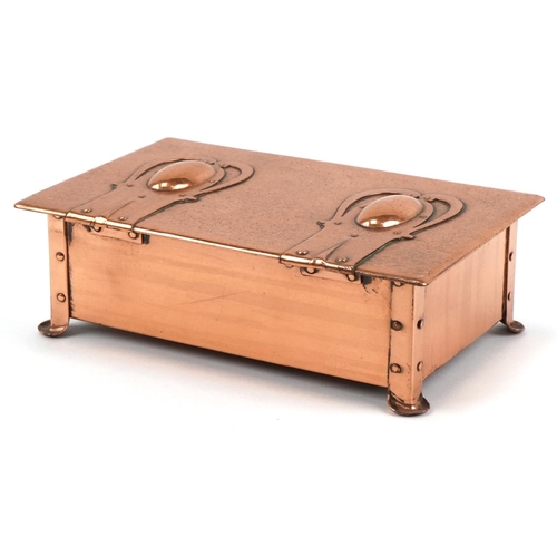 133 - Cambray Ware Arts & Crafts copper and wooden box and cover, 5.5cm H x 19cm W x 12cm D