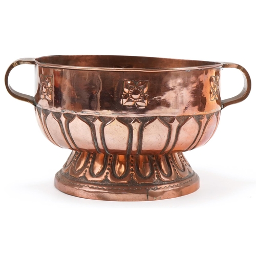 49 - Arts & Crafts copper and brass rose bowl, A. Cox 1929 marks to the base, 28cm in diameter