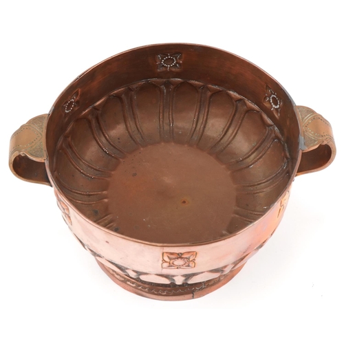 49 - Arts & Crafts copper and brass rose bowl, A. Cox 1929 marks to the base, 28cm in diameter