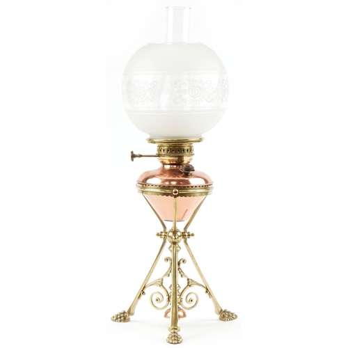 25 - Arts & Crafts  copper and brass oil lamp with etched glass shade in the style of W.A.S Benson, 63cm ... 