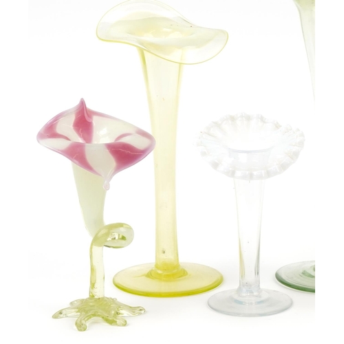 292 - Vaseline glass jack in the pulpit vases together with a large Vaseline glass vase, the largest 30cm ... 