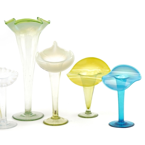 292 - Vaseline glass jack in the pulpit vases together with a large Vaseline glass vase, the largest 30cm ... 