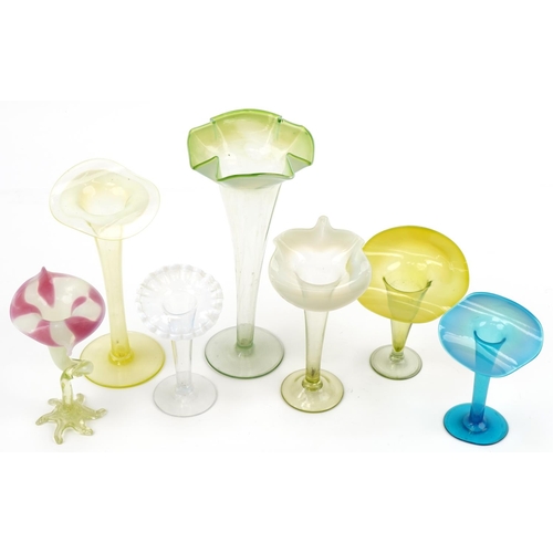 292 - Vaseline glass jack in the pulpit vases together with a large Vaseline glass vase, the largest 30cm ... 