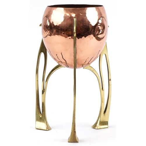 348 - Arts & Crafts Newlyn school naturalistic seashell copper and brass seashell design planter, 29cm hig... 