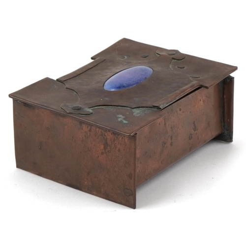 355 - Arts & Crafts copper cigarette box inset with a Ruskin style cabochon, 5cm H x 11cm W x 10cm D