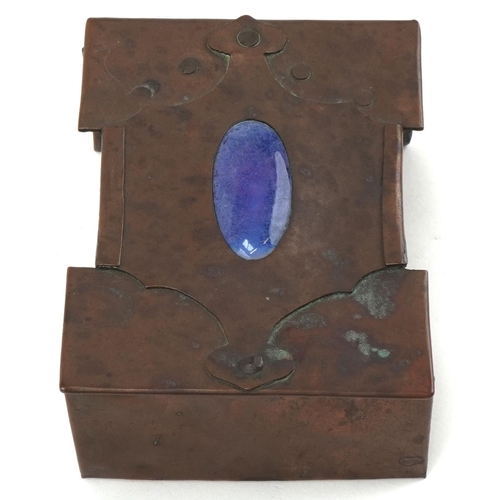 355 - Arts & Crafts copper cigarette box inset with a Ruskin style cabochon, 5cm H x 11cm W x 10cm D