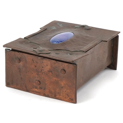 355 - Arts & Crafts copper cigarette box inset with a Ruskin style cabochon, 5cm H x 11cm W x 10cm D