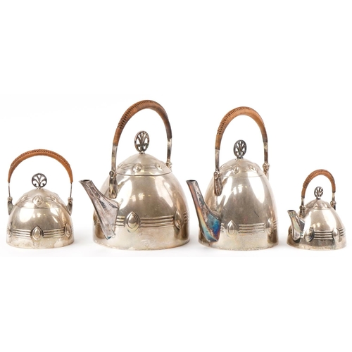 483 - WMF stylized four piece silver plated tea set with wicker handles, the largest piece 25cm high