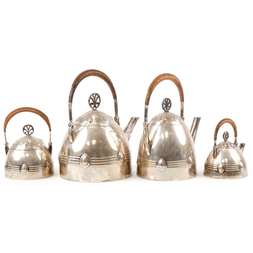 483 - WMF stylized four piece silver plated tea set with wicker handles, the largest piece 25cm high