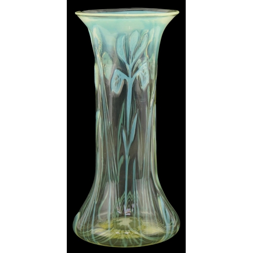 277 - Vaseline glass lily design vase, 32cm high