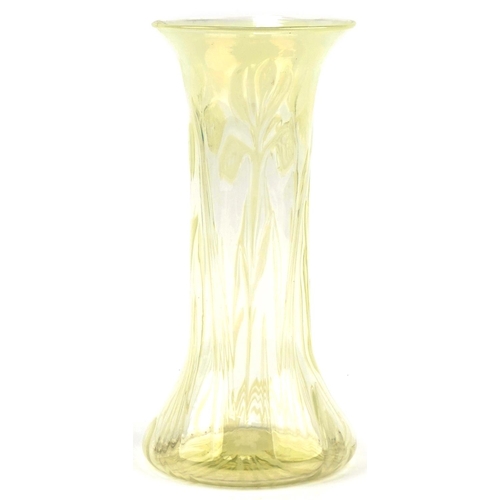 277 - Vaseline glass lily design vase, 32cm high