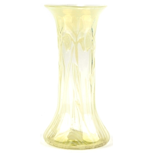 277 - Vaseline glass lily design vase, 32cm high