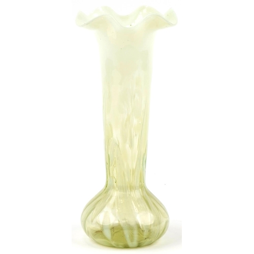 278 - Vaseline glass lily design vase, 32cm high