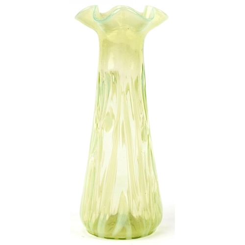 279 - Vaseline glass lily design vase, 26cm high