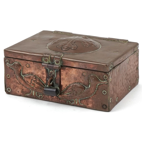 John Pearson for Newlyn, Arts & Crafts copper casket decorated with birds, JP 1902 stamp to the reverse, 7cm H x 17cm W x 12cm D