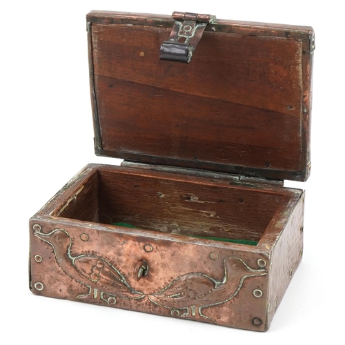 343 - John Pearson for Newlyn, Arts & Crafts copper casket decorated with birds, JP 1902 stamp to the reve... 