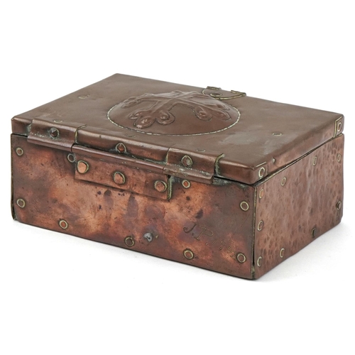 343 - John Pearson for Newlyn, Arts & Crafts copper casket decorated with birds, JP 1902 stamp to the reve... 