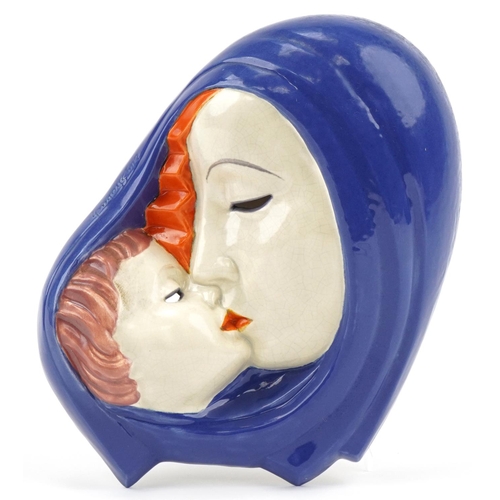 461 - Art Deco pottery wall mask of Madonna and child, numbered 4844 to the reverse, 25cm high