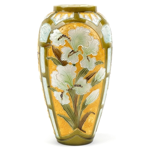 206 - Burmantofts faience vase hand painted with Iris's , numbered 2045 and Colnr 39 to the base, 37cm hig... 