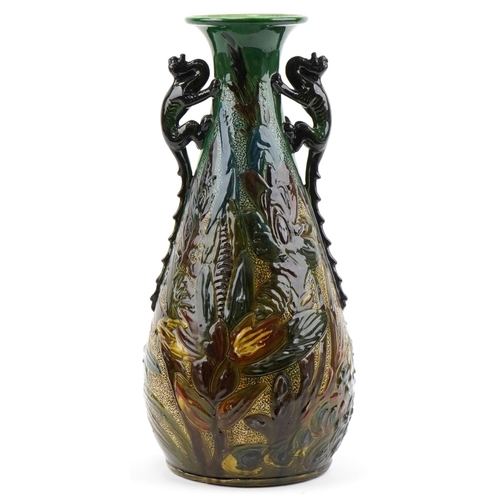 453 - Large C H Branham Barham ware Arts & Crafts peacock and dragon vase, JD 1903 and registered number 4... 