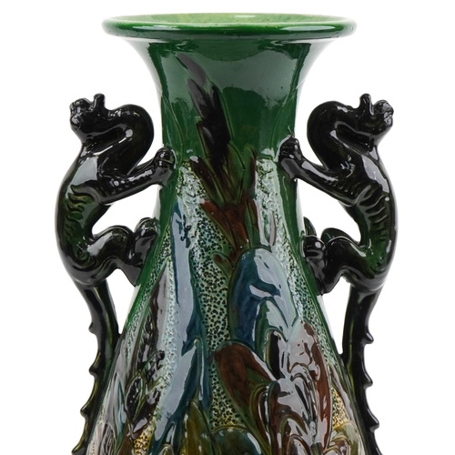 453 - Large C H Branham Barham ware Arts & Crafts peacock and dragon vase, JD 1903 and registered number 4... 