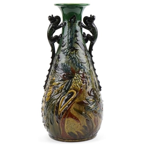 453 - Large C H Branham Barham ware Arts & Crafts peacock and dragon vase, JD 1903 and registered number 4... 