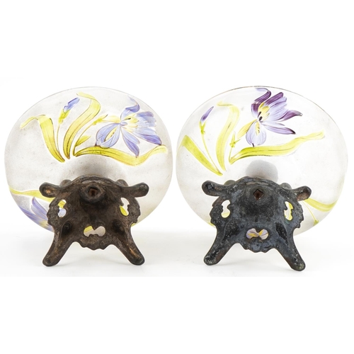 512 - Pair of Art Nouveau pewter and glass tazzas hand painted with lilies, 21cm in diameter