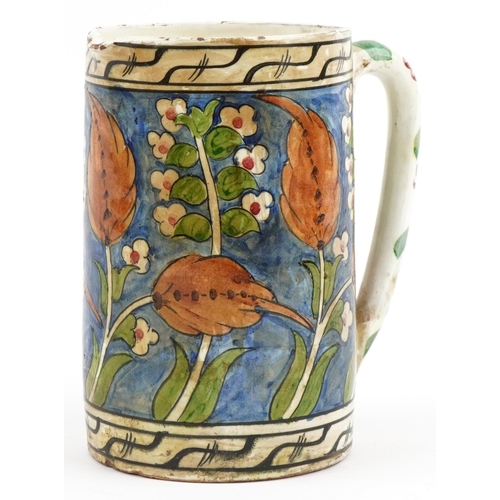 229 - Arts & Crafts pottery mug hand painted with abstract floral design, signature Lencel to the base, 20... 