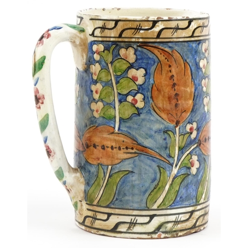 229 - Arts & Crafts pottery mug hand painted with abstract floral design, signature Lencel to the base, 20... 