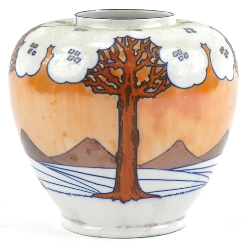 334 - Charlotte Rhead stylized tree and mountain vase for Lawleys, signature to the base, 20cm high