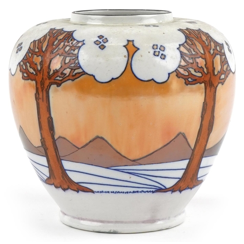 334 - Charlotte Rhead stylized tree and mountain vase for Lawleys, signature to the base, 20cm high