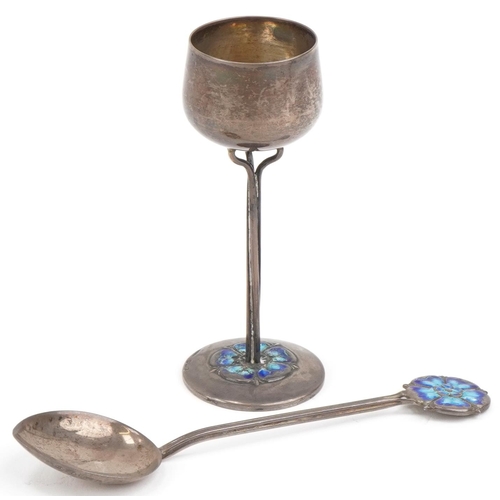 63 - Arts & Crafts silver goblet and a teaspoon each enamelled with a Tudor rose, the largest 12cm in len... 