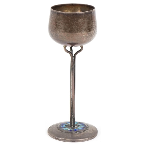 63 - Arts & Crafts silver goblet and a teaspoon each enamelled with a Tudor rose, the largest 12cm in len... 