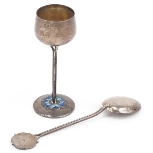 63 - Arts & Crafts silver goblet and a teaspoon each enamelled with a Tudor rose, the largest 12cm in len... 