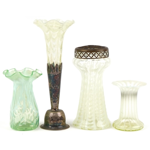 287 - Vaseline glass vases including one in a silverplated stand, the largest 24cm high