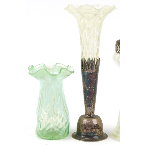 287 - Vaseline glass vases including one in a silverplated stand, the largest 24cm high