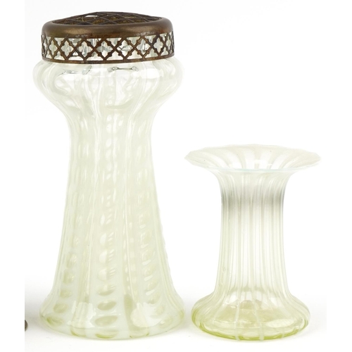 287 - Vaseline glass vases including one in a silverplated stand, the largest 24cm high