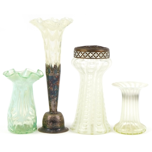 287 - Vaseline glass vases including one in a silverplated stand, the largest 24cm high