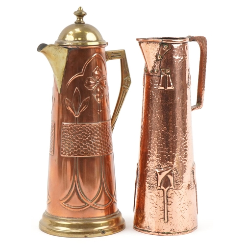 186 - Arts & Crafts copper jug with stylized decoration together with copper and brass claret jug, the lar... 