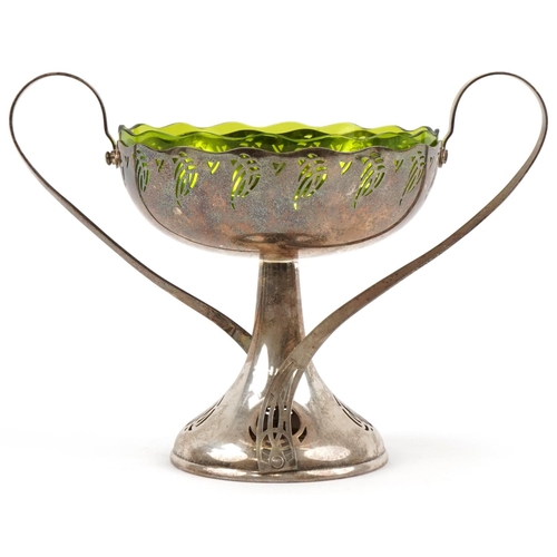 484 - WMF Art Nouveau silverplated tazza with green glass liner, 25cm high