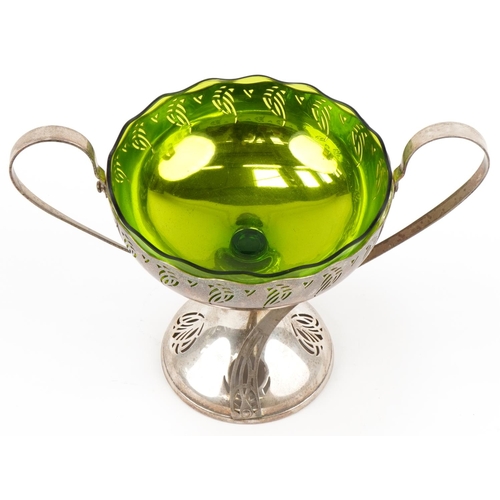 484 - WMF Art Nouveau silverplated tazza with green glass liner, 25cm high