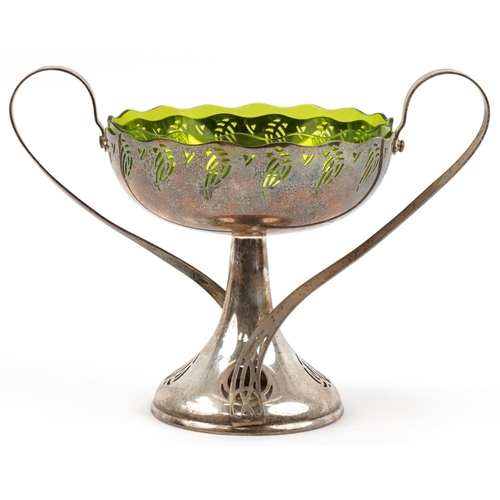 484 - WMF Art Nouveau silverplated tazza with green glass liner, 25cm high