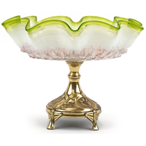 124 - Arts & Crafts brass tazza with green frilled glass bowl, 22cm high