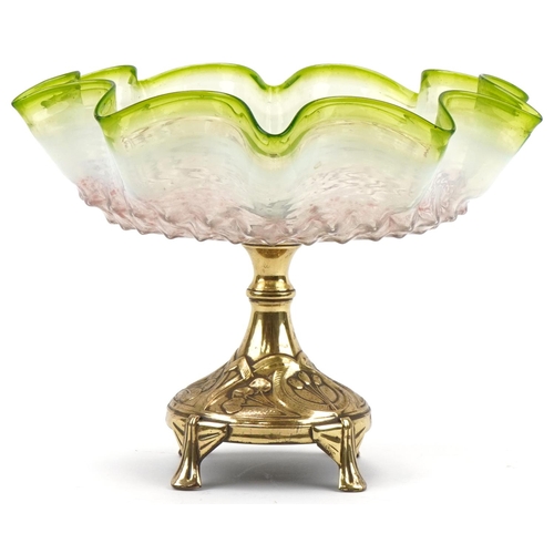 124 - Arts & Crafts brass tazza with green frilled glass bowl, 22cm high