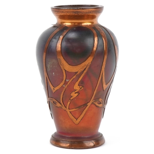 519 - Art Nouveau copper overlaid glass vase, 11cm high