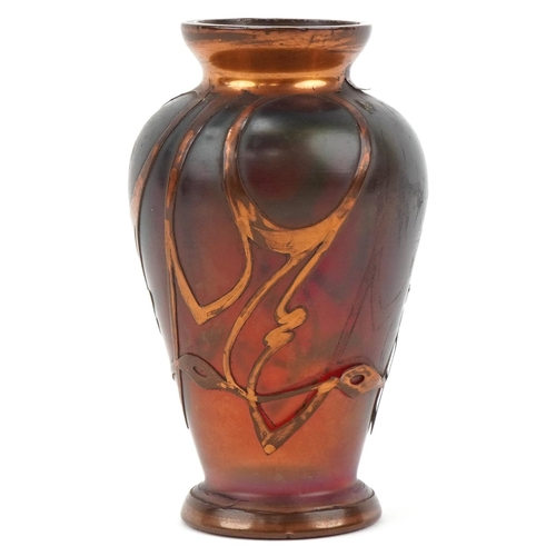 519 - Art Nouveau copper overlaid glass vase, 11cm high