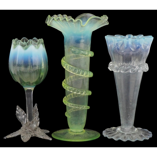 289 - Three Vaseline glass vases with frilled tops, the largest 19cm high