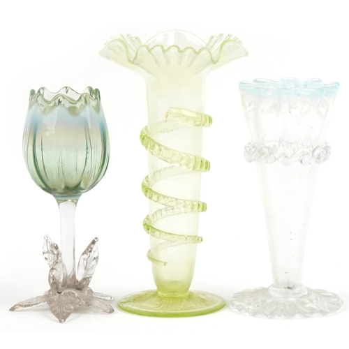 289 - Three Vaseline glass vases with frilled tops, the largest 19cm high