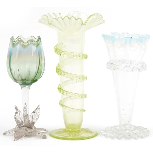 289 - Three Vaseline glass vases with frilled tops, the largest 19cm high