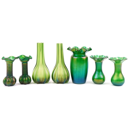 516 - Loetz glass vases including frilled examples, the largest 20cm high